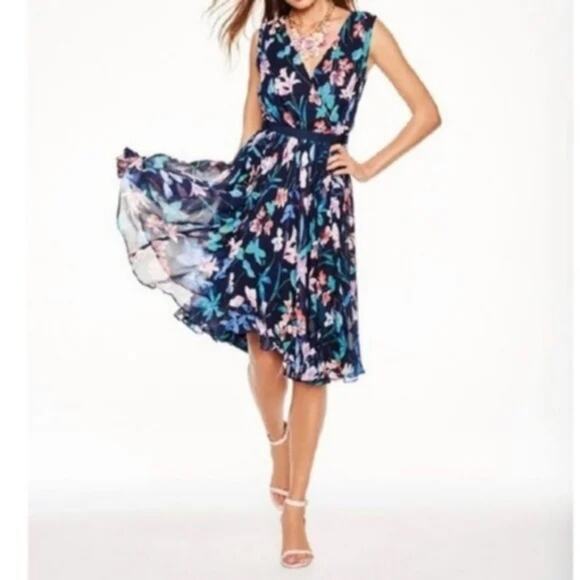 Talbots EUC Women's Navy Floral Chiffon Surplice Neck Sleeveless Dress 16P - Picture 3 of 7